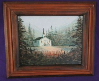 14 X 12 Vintage Framed Oil Painting Little White Church In Woods Artist Signed