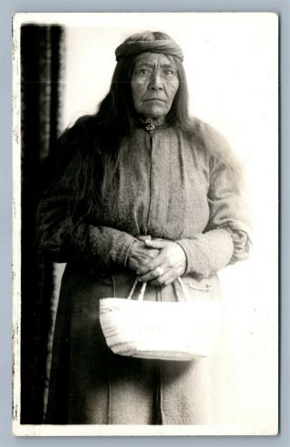 American Indian Old Lady W/basket Antique Real Photo Postcard Rppc Klamath Falls