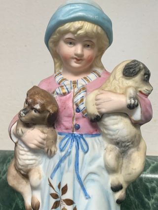 Antique Victorian German Bisque Girl Dogs 9” Large Figure Statue Heubach Era
