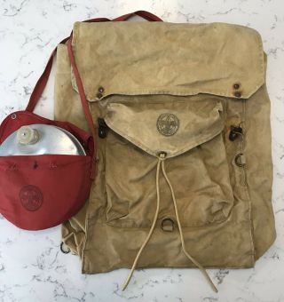 Vintage Rare Boy Scouts Backpack Day Hiking Pack Leather Straps With Canteen