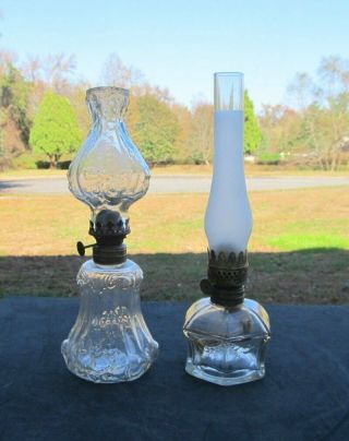 Pair Antique Victorian Clear Glass Miniature Kerosene Oil Lamp W Burner Chimney