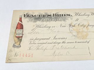 Antique 1899 Flaccus Bros.  Fruit Preservers Wheeling WV Bank Check w/stamp Rare 2