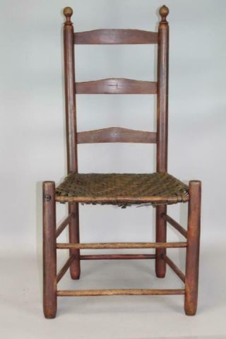ONE OF A SET OF 4 18TH C CT LADDER BACK CHAIRS IN GRUNGY RED PAINT 4 3