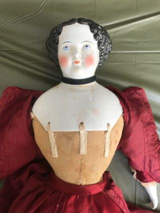 Antique German 22” High Brow China Head Doll Victorian Dress Old Vintage