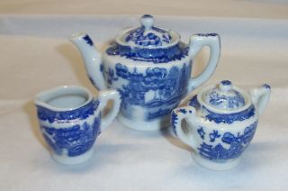 Vintage Blue Willow Child’s Tea Set: Teapot,  Sugar,  Creamer