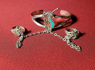 Rare Vintage G&s Signed Slave Bracelet Unicorn Rings Turquoise Old Biker Jewelry