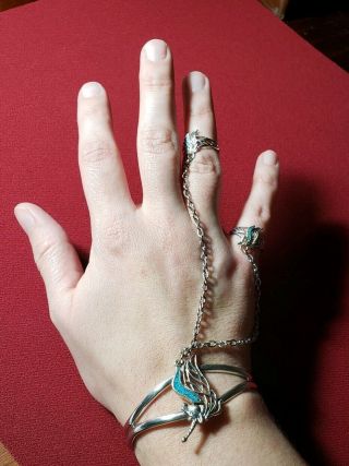 Rare Vintage G&S Signed Slave Bracelet Unicorn Rings Turquoise Old Biker Jewelry 2