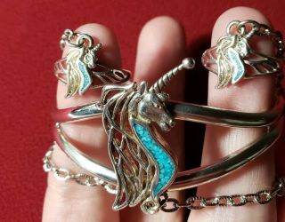 Rare Vintage G&S Signed Slave Bracelet Unicorn Rings Turquoise Old Biker Jewelry 3