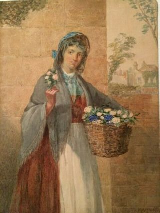 Antique Watercolor Painting Of Girl With Flower Basket Signed Haywood