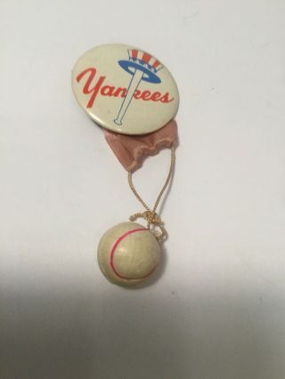 Vintage York Yankees Pin W / Ribbon & Baseball Attached Old And Rare