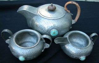 Antique Arts Crafts Pewter Tea Set Pot Cream Sugar Tray Best Mayflower Ashberry