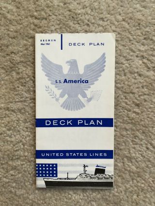 Rare 1961 Ss America United States Line Ocean Liner Steamship Deck Plan