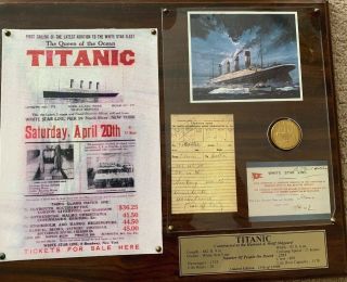 Rms Titanic Plaque.  Coin.  Flyer.  Paperwork Limited Edition.  Extremely Rare.