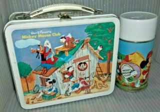 Rare 1963 Walt Disney Mickey Mouse Club Metal Lunch Box & Glass Thermos,