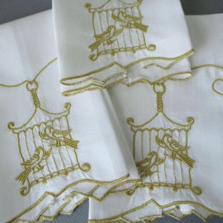 3 Vintage Marghab Hand Embroidered Linen Finger Tip Towels Birds Cages Madeira