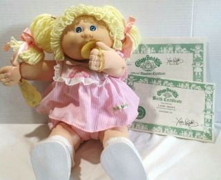 Vintage Cabbage Patch Kid 1984 Girl Blonde Hair In Pigtails Blue Eyes Pacifier