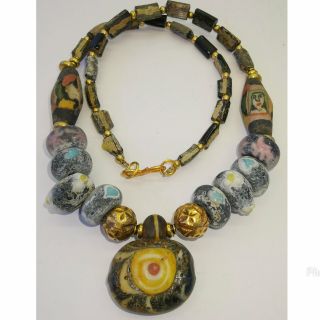 Old Wonderful Mosaic Glass Face Beads Lovely Pendant Necklace 54