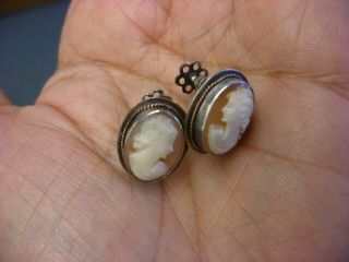 Antique Victorian Cameo 925 Sterling Silver Screw Back Earrings 354