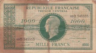 1000 Francs Vg Banknote From France /tresor Central 1944 Pick - 107 Rare