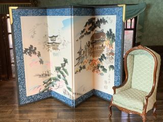 Antique Miniature Dollhouse 1960s Hand Painted Asian Room Screen Divider Signed