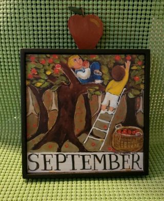 Rare Nancy Thomas 2003 Apple Picking September Only Folk Art Plaque