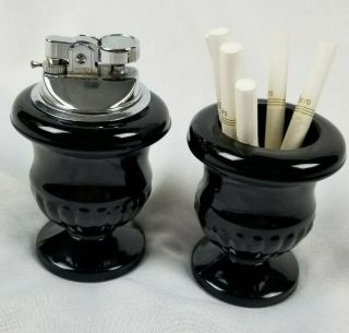 Rare Vtg Black Amethyst Glass Table Lighter & Cigarette Holder Set