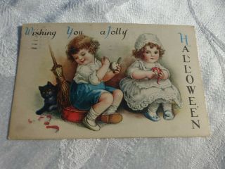 Halloween Post Card - Antique Wishing You A Jolly Halloween Adorable Girl Boy
