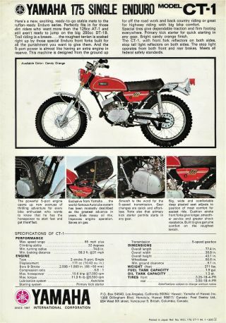 RARE VINTAGE 1969 YAMAHA 175 ENDURO CT - 1 MOTORCYCLE SALES BROCHURE 2
