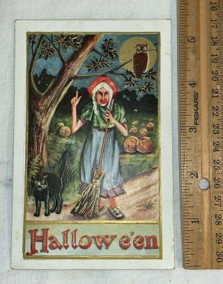 Antique Halloween Vintage Postcard Witch Broom Black Cat Owl Pumpkin Patch Rvf