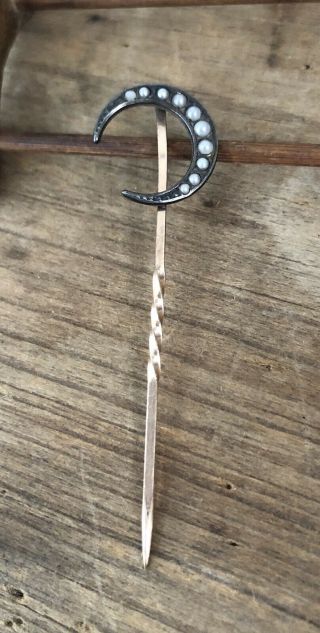 Antique Victorian Sterling Silver Gold Fill & Seed Pearl Crescent Moon Stick Pin