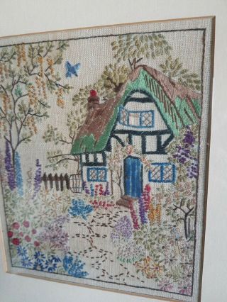 Pretty Vintage Hand Embroidered Floral Picture Cottage Garden Framed