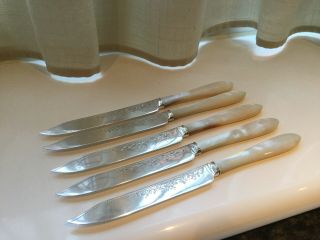 Antique William Hutton Silver Plated And Mother Of Pearl Dessert Knives