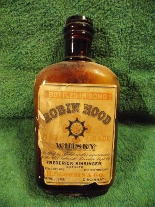 Rare Antique Robin Hood Whisky Bottle With Labels - Notice 1897 Act Caution - Bottl
