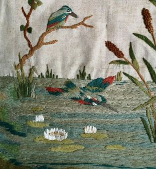 Vintage Embroidered Kingfishers Lilies Woolwork Large Panel