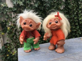 Vintage Dam Things Troll Dolls Large 10” Couple Rare Vhtf Blonde Norfin 60’s70’s