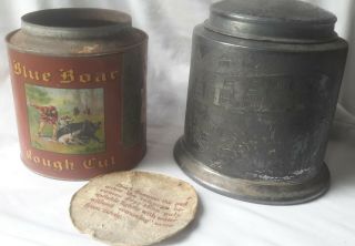 Antique 1910 Blue Boar Rough Cut Pipe Tobacco Tin & Silver Plate Canister Cover