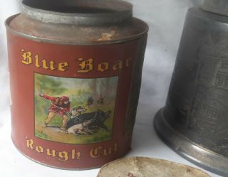 Antique 1910 BLUE BOAR Rough Cut Pipe Tobacco Tin & Silver Plate Canister Cover 2