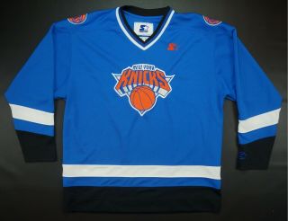 Rare Vintage Starter York Knicks Nba Sewn Hockey Jersey 90s Nhl Blue Size L
