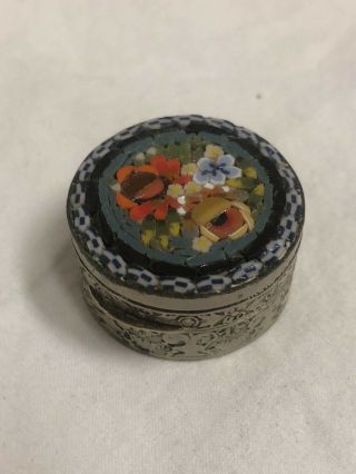 Antique Micro Mosaic Millefiori Pill Box Tinket Made In Italy