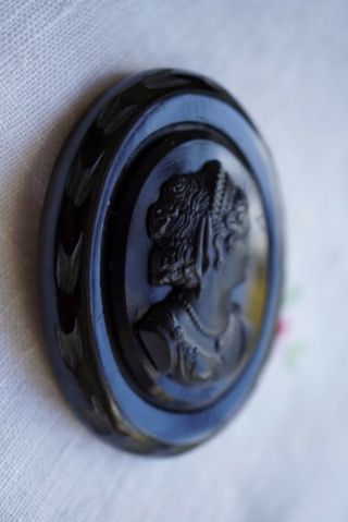 Antique Vintage Deep Carved Black Bakelite Mourning Cameo Pin Brooch 3