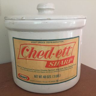Vintage Kraft Ched - Ett Cheese Crock Stoneware Usa Pottery With Label And Lid