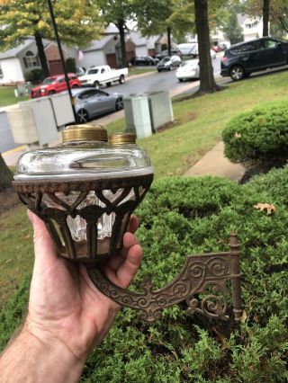 Antique Ornate Cast Iron Wall Bracket And Glass Oil Lamp