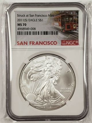 2011 - S American Silver Eagle Ngc Ms70 Trolley Label Rare Less Than 100k Minted