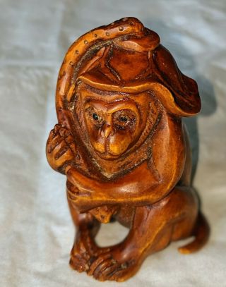 Hand Carved Japanese Boxwood Netsuke Monkey With A Flower Hat Vgc