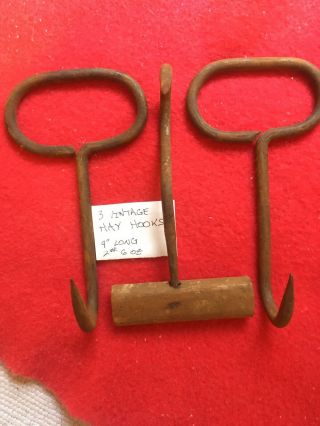 3 Vintage Iron Metal Hay Bale Hooks Farm Tool Ice Meat Primitive Antique