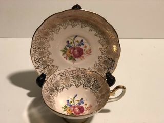Taylor & Kent Teacup/ Saucer Set.  Baby Pink W/ Gold Daisies & Painted Flowers.