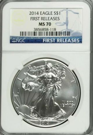 2014 $1 American Silver Eagle Ngc Ms70 First Releases Rare Blue Label