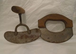 2 Antique Hand Food Choppers Cast Iron Blade Offset Wood Handle Tool Farmhouse