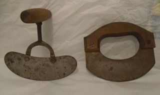 2 Antique Hand Food Choppers Cast Iron Blade Offset Wood Handle Tool Farmhouse 2