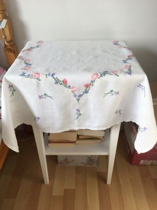 Linen Tablecloth White With Floral Hand Embroidered Design